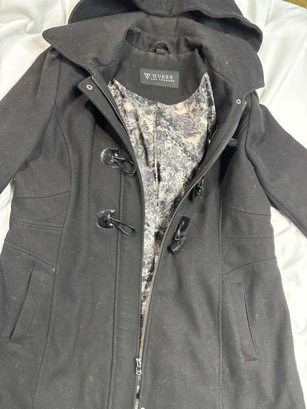 Guess Los Angeles Women's Black Wool Blend Hooded Toggle Coat Size XL